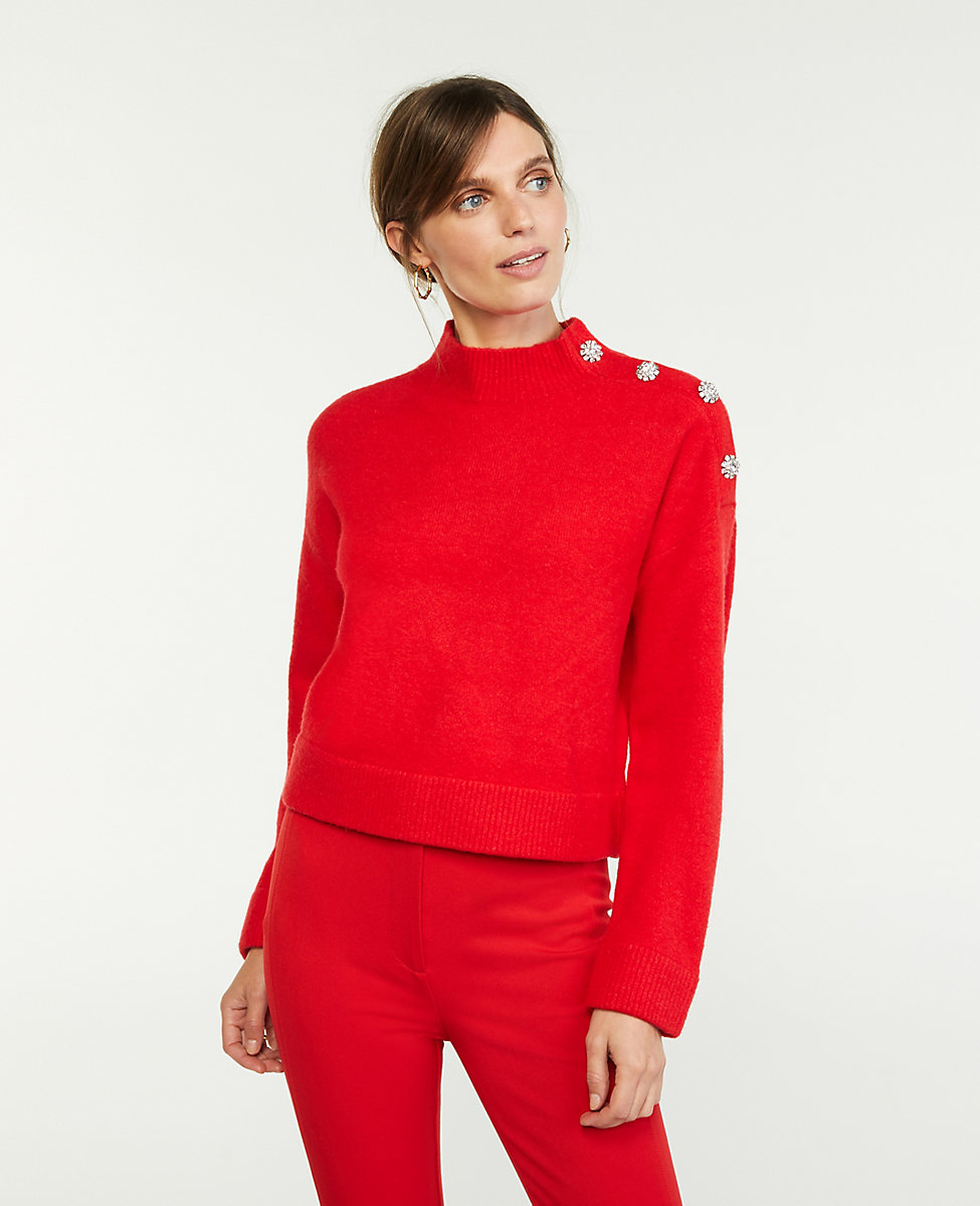 Jeweled Button Mock Neck Sweater