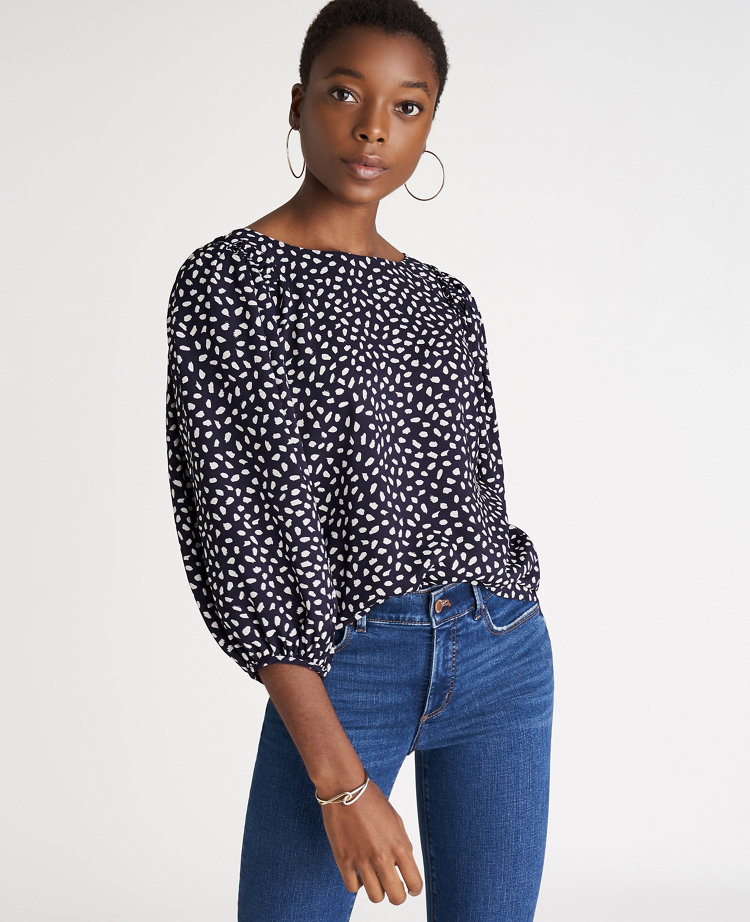 Spotted Shirred Sleeve Boatneck Top