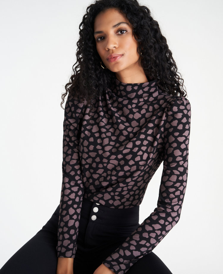 Animal Print Mock Neck Puff Sleeve Top