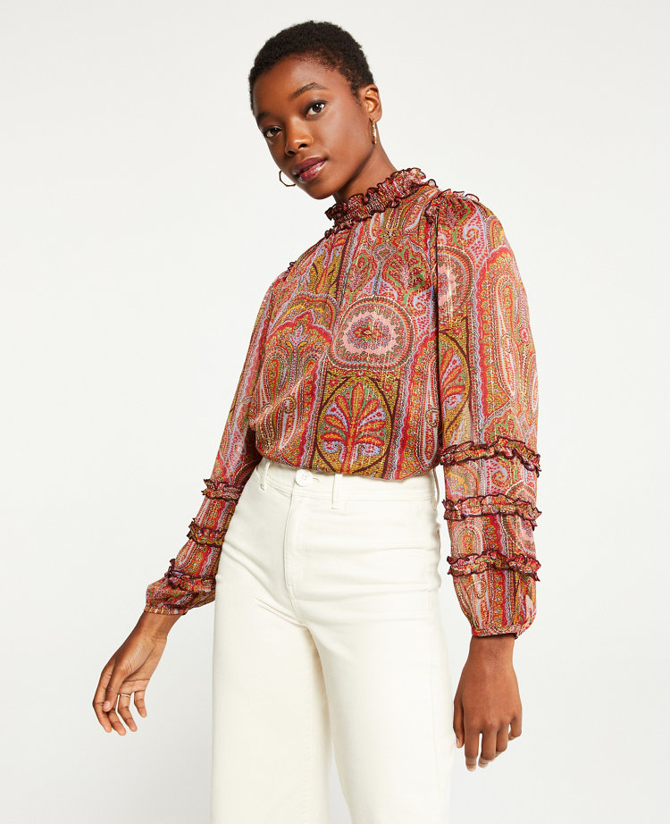 Ann Taylor Petite Shimmer Paisley Smocked Ruffle Blouse