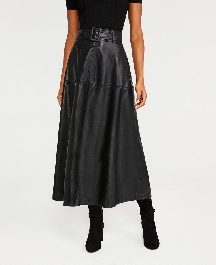 Belted Faux Leather Midi Skirt