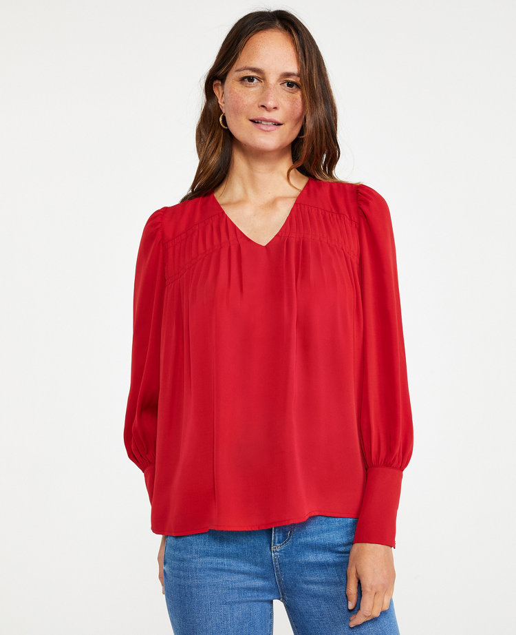 Petite Mixed Media Pleated Yoke Top