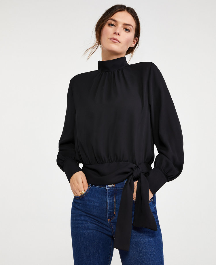 Petite Mixed Media Tie Waist Top