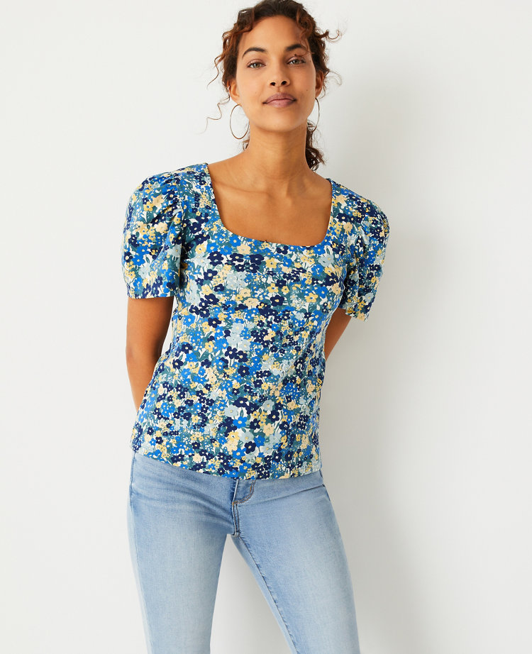 Floral Square Neck Puff Sleeve Top