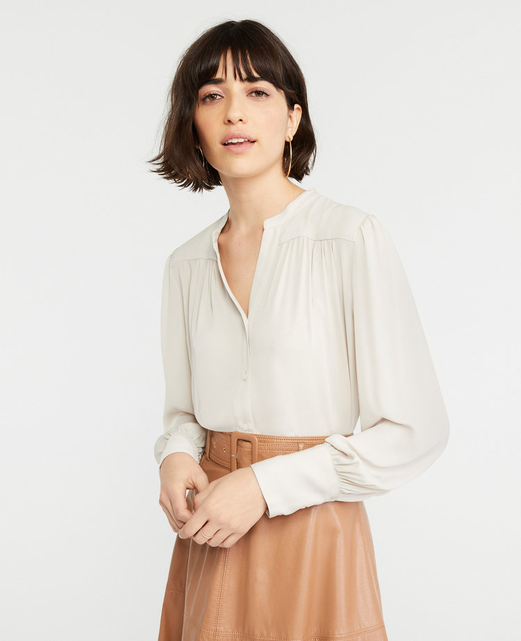 Petite Shirred Split Neck Blouse