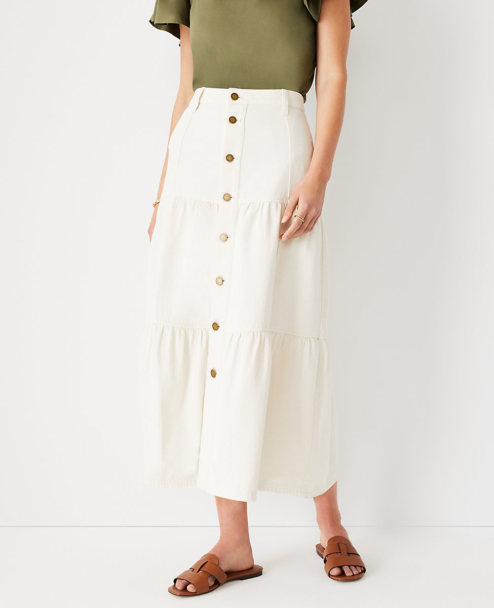 Denim Button Tiered Midi Skirt