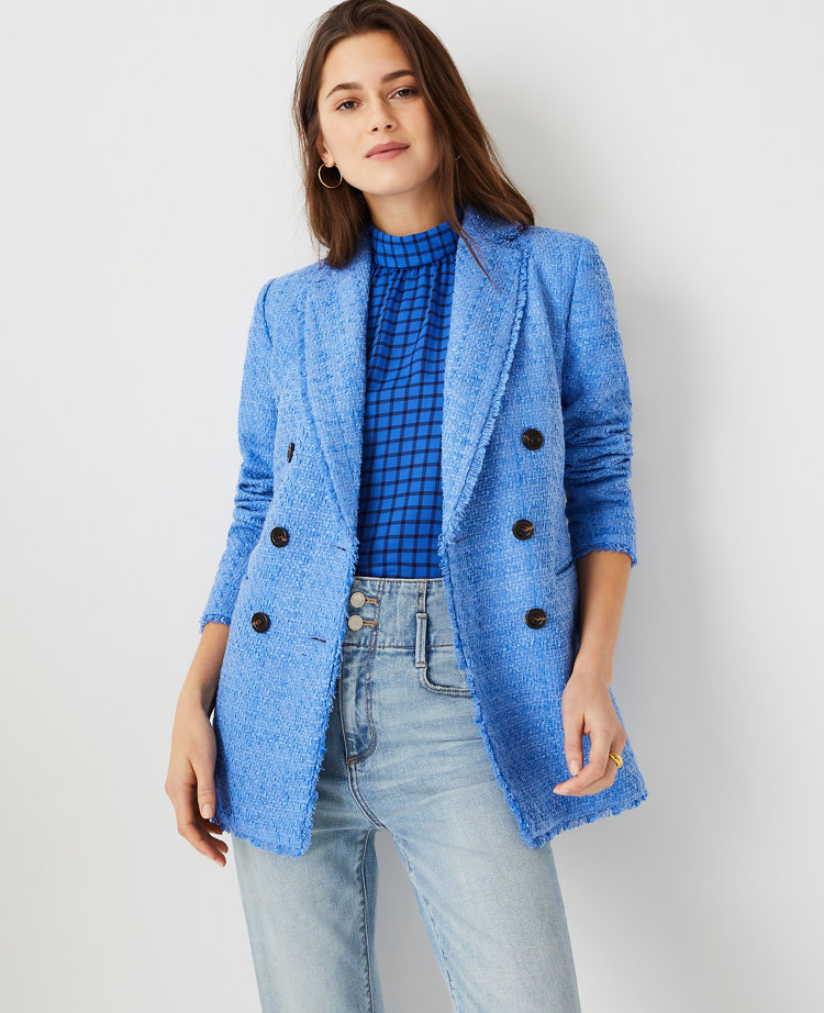 앤테일러 Ann Taylor Fringe Tweed Double Breasted Blazer,Lapis Bluebird