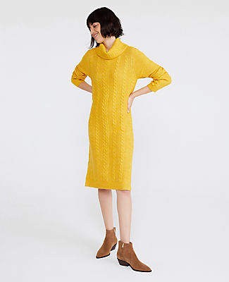 Ann Taylor Petite Turtleneck Cable Sweater Dress In Lemon Shade