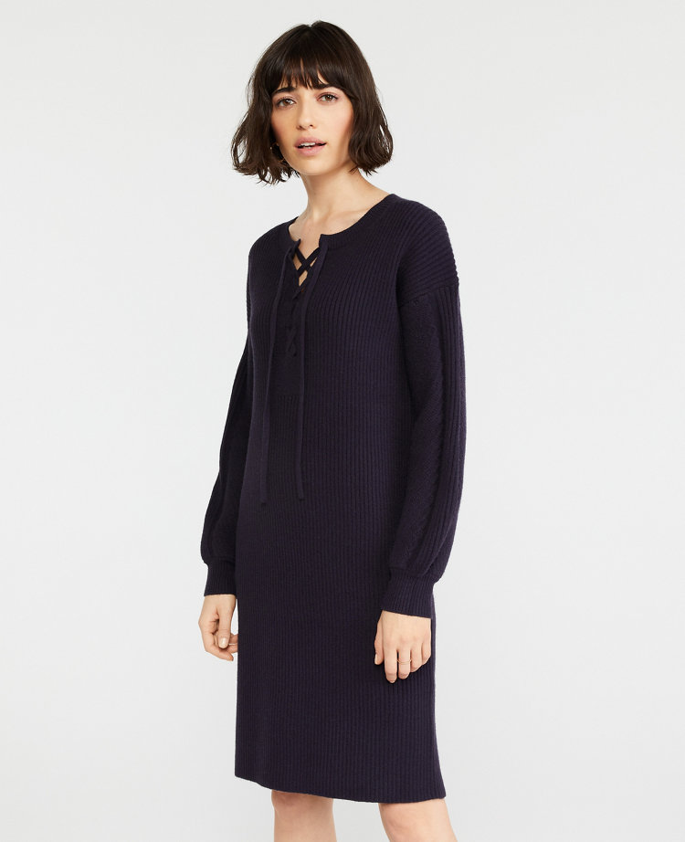 Ann Taylor Petite Lace Up Sweater Dress In Night Sky