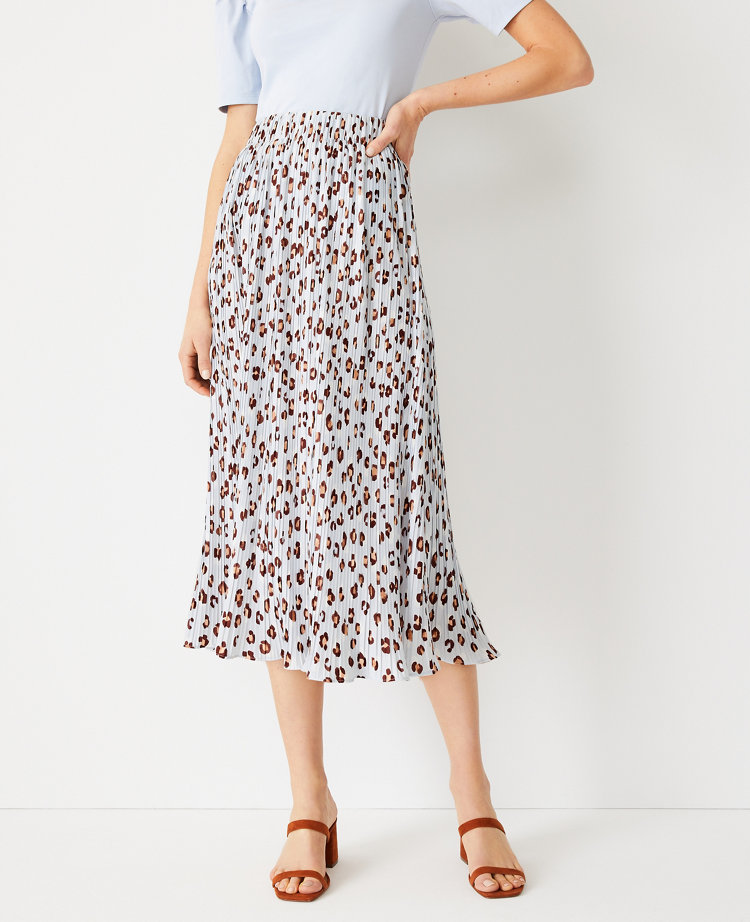 Animal Print Pleated Pull On Midi Skirt