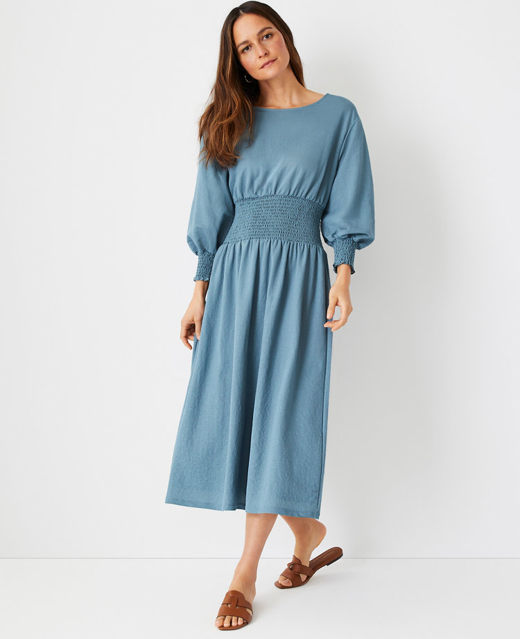 앤테일러 플레어 미디 원피스, 허리 밴딩 Ann Taylor Smocked Waist Flare Midi Dress,Teal Frost