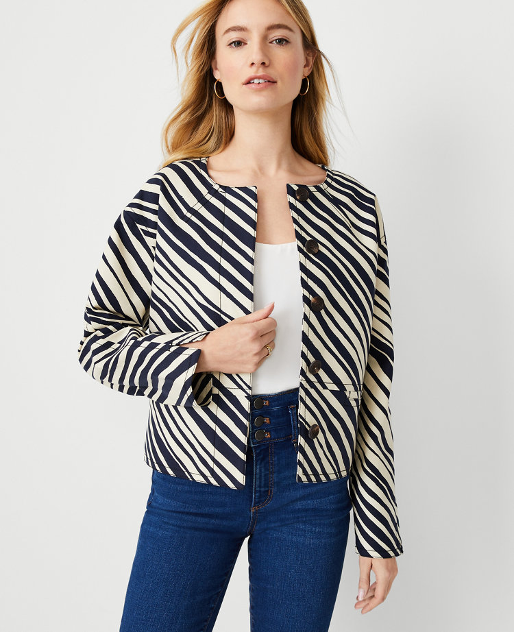 앤테일러 Ann Taylor Zebra Stripe Cocoon Jacket,Oyster Beige