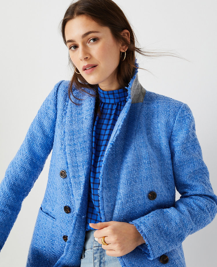Modely Fringe Trim Button Front Tweed Blazer