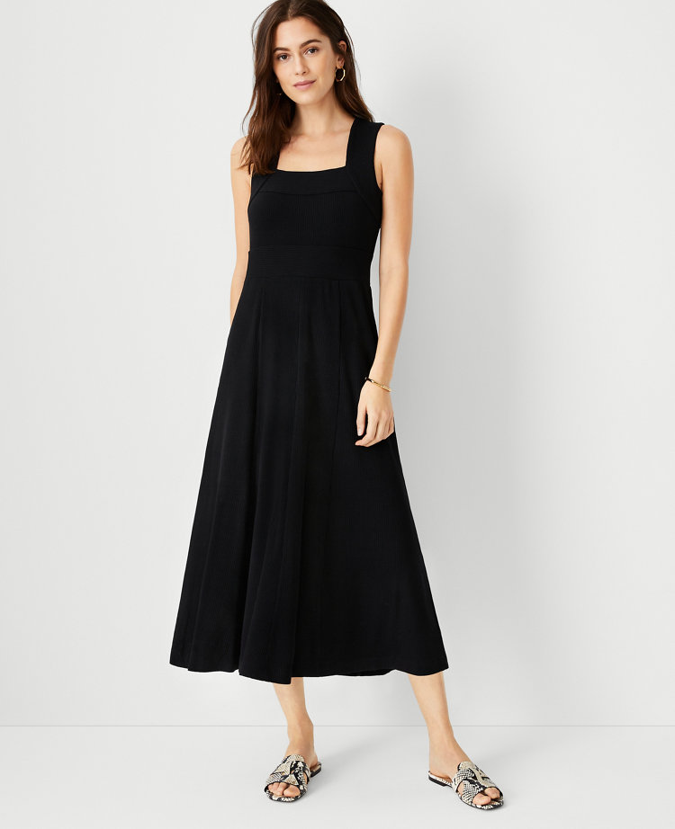 Ribbed Square Neck Midi Flare Dress