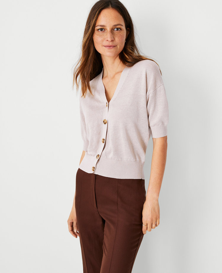 Ann Taylor Linen Blend V-Neck Short Sleeve Cardigan