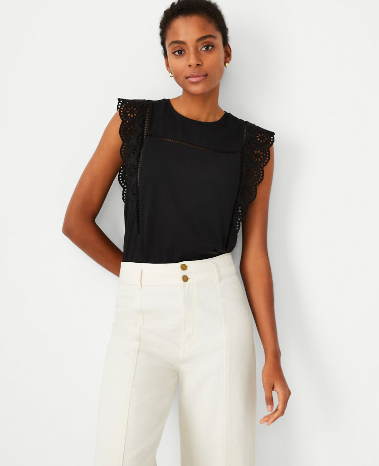 Ann Taylor Eyelet Flutter Sleeve Pima Cotton Shell Top