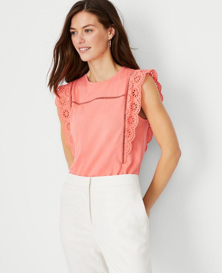Ann Taylor Eyelet Flutter Sleeve Pima Cotton Shell Top