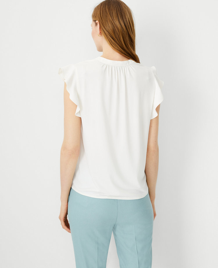Mixed Media Ruffle Sleeve Tie Neck Shell