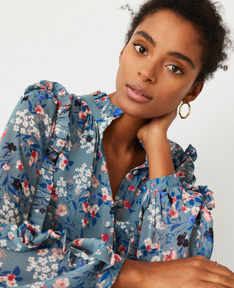 Petite Floral Ruffle Sleeve Blouse