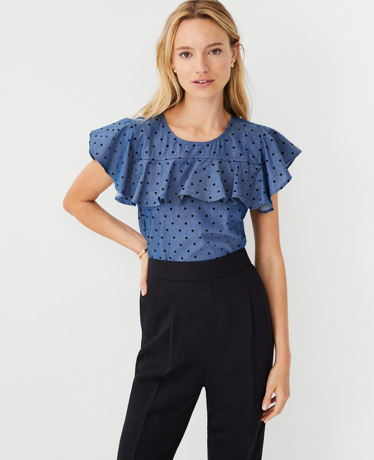 Dotted Chambray Ruffle Top