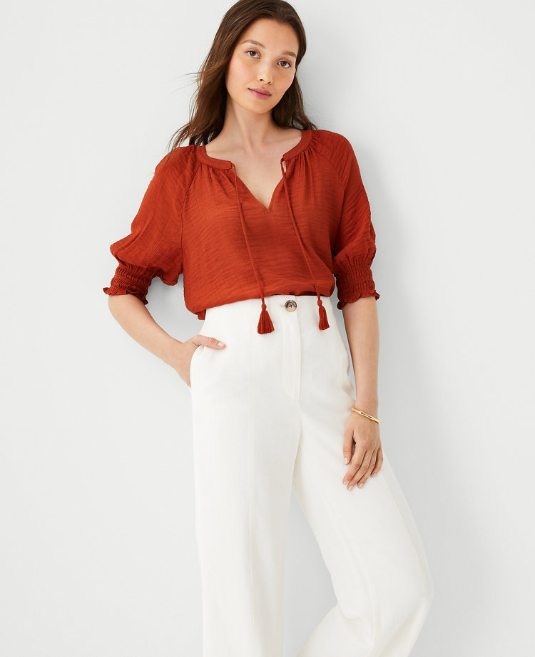Ann Taylor Gauze Tie Neck Raglan Sleeve Top