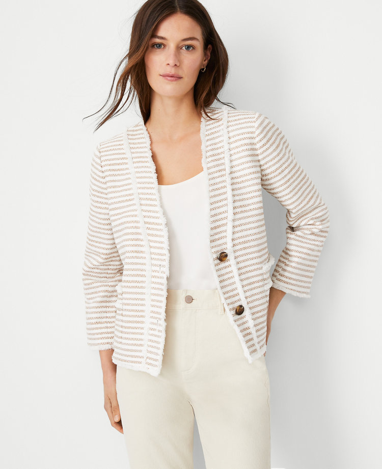 Ann Taylor Fringe Tweed Cropped Cardigan Jacket