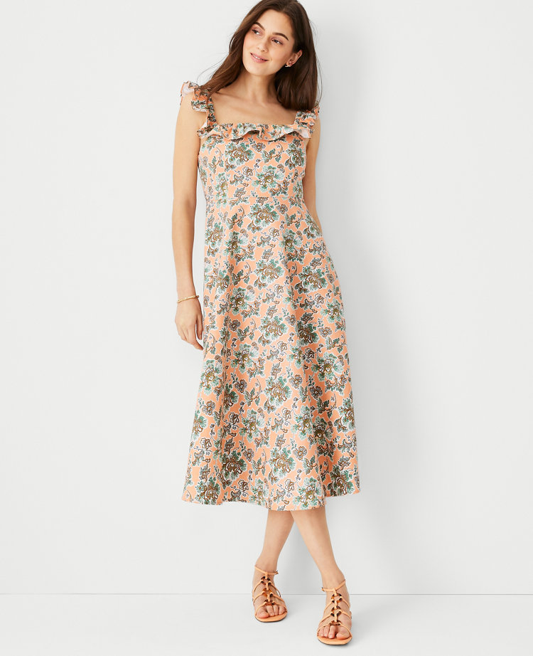 Floral Cotton Linen Ruffle Square Neck Flare Dress