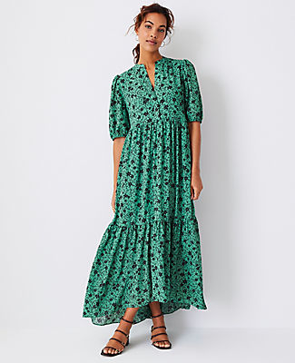 Ann Taylor Petite Floral Puff Sleeve Tiered Midi Dress In Placid Green