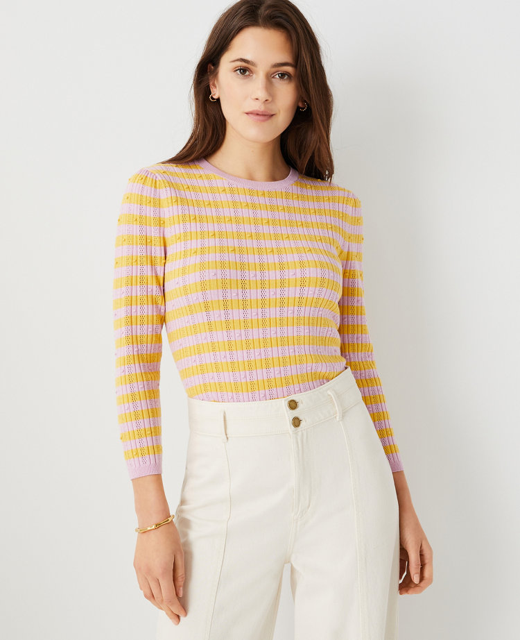 Petite Striped Pointelle Ribbed Sweater