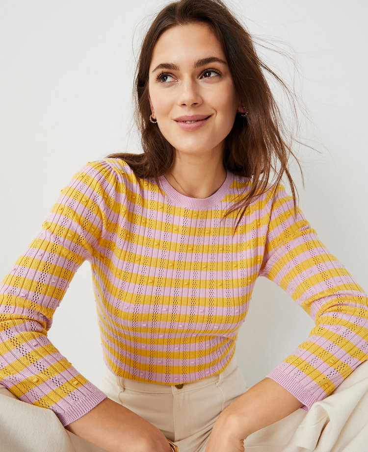 Petite Striped Pointelle Ribbed Sweater