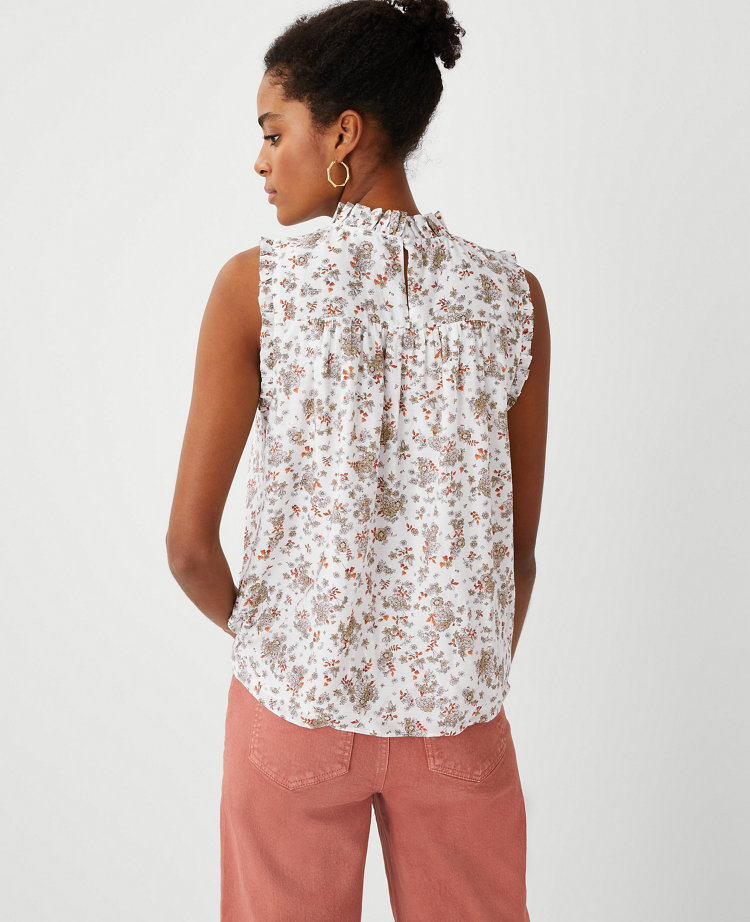 Floral Smocked Yoke Ruffle Neck Shell