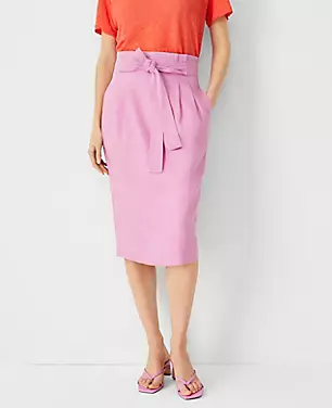 Linen Blend Tie Waist Paperbag Pencil Skirt carousel Product Image 1