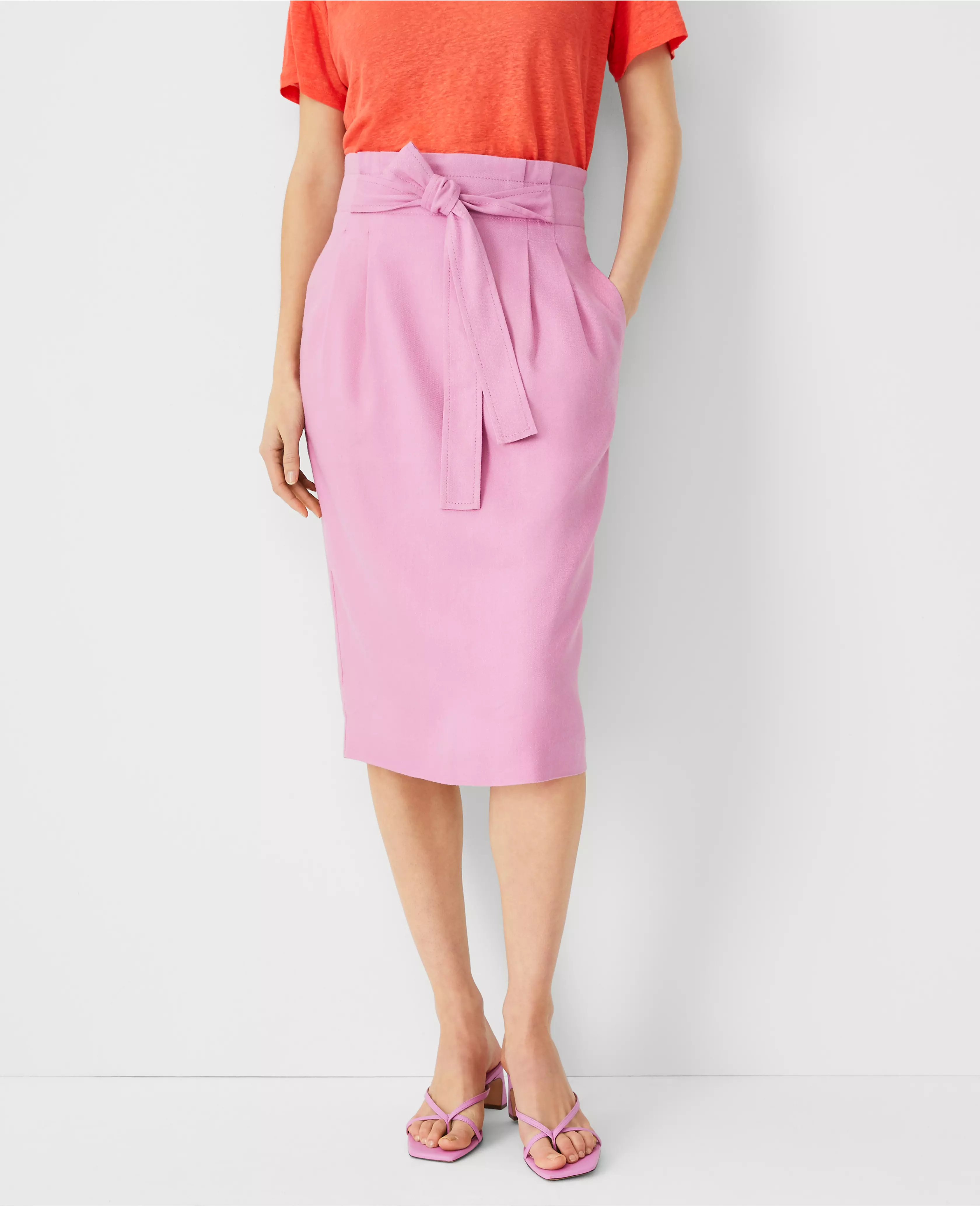 Linen Blend Tie Waist Paperbag Pencil Skirt
