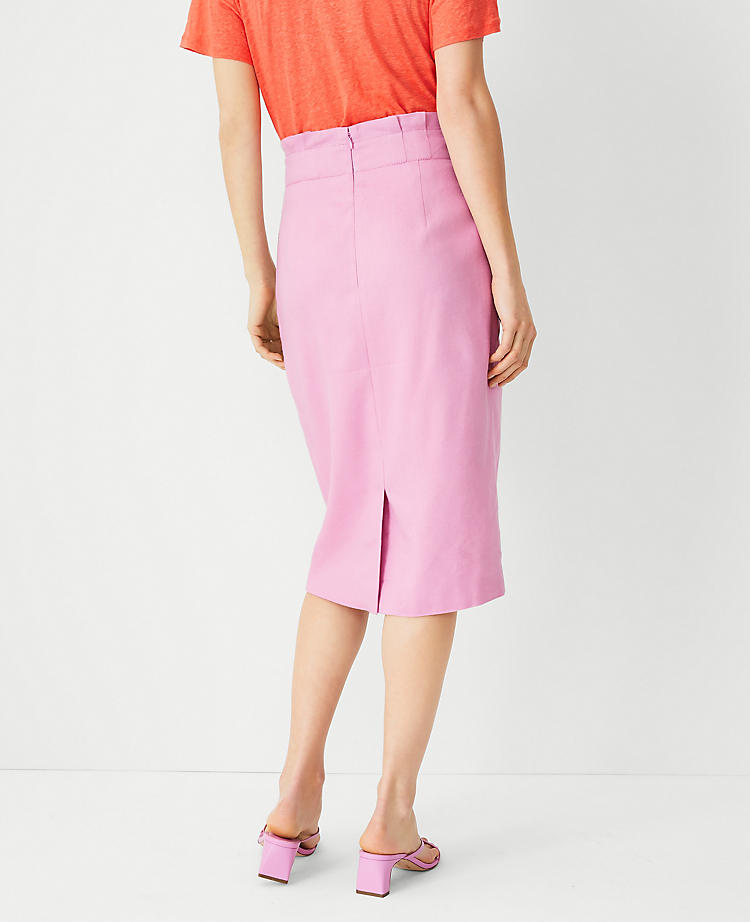 Linen Blend Tie Waist Paperbag Pencil Skirt