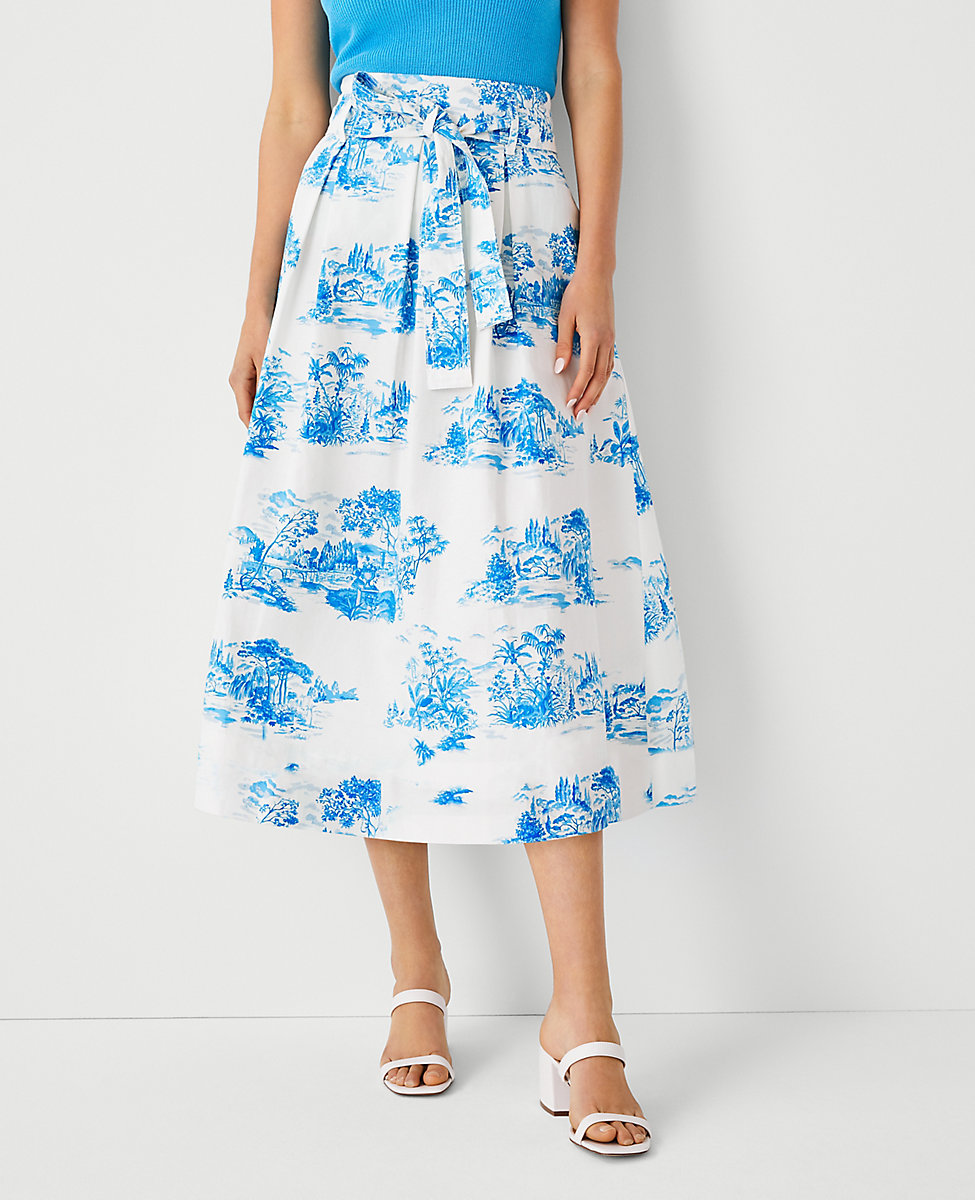 Floral Toile Pleated Tie Waist Midi Skirt