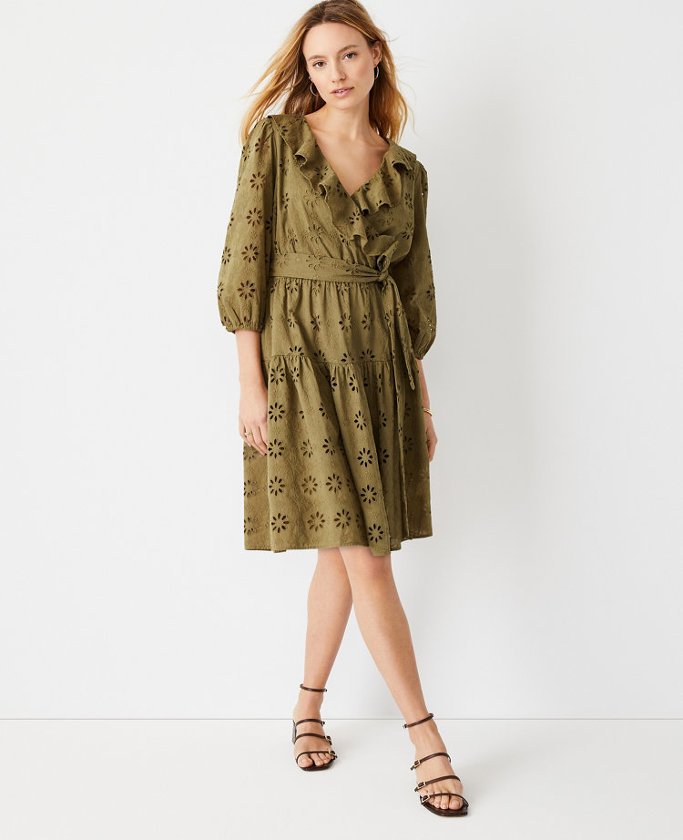 Ann Taylor Floral Eyelet Ruffle Neck Flare Dress