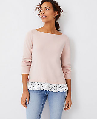 Ann Taylor Eyelet Mixed Media Sweater In Pink Dune