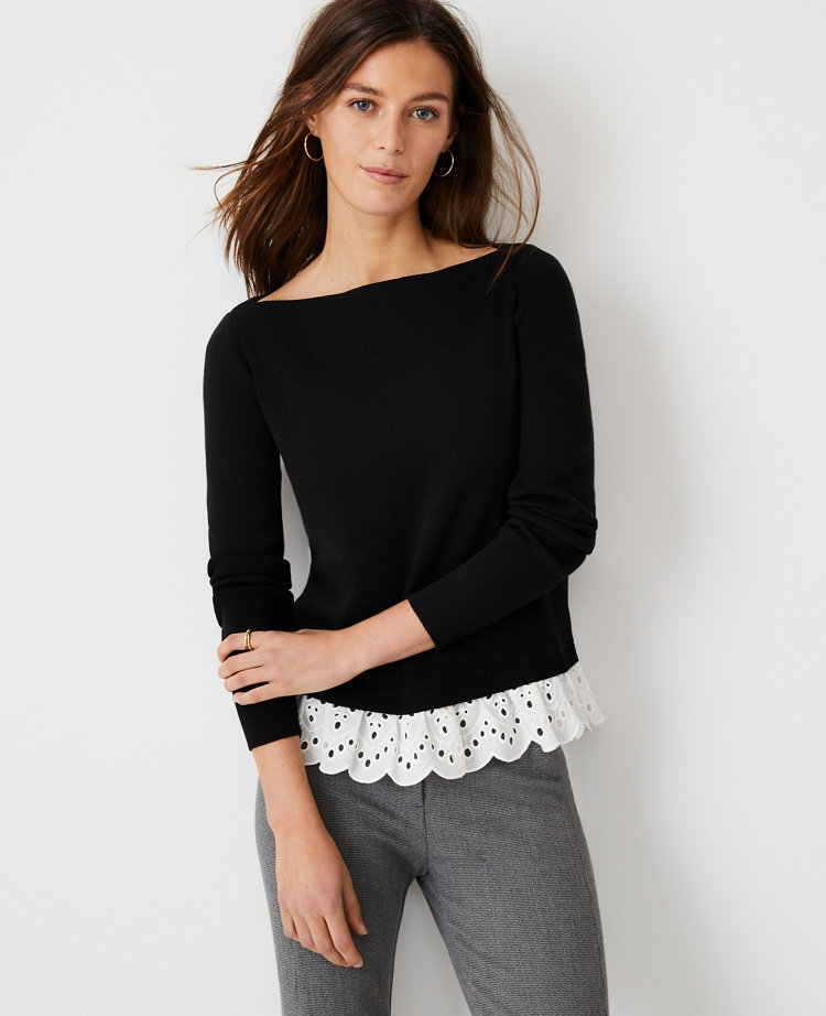 Petite Eyelet Mixed Media Sweater
