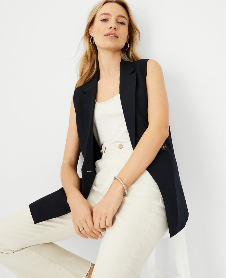 Petite Linen Blend Relaxed Double Breasted Vest
