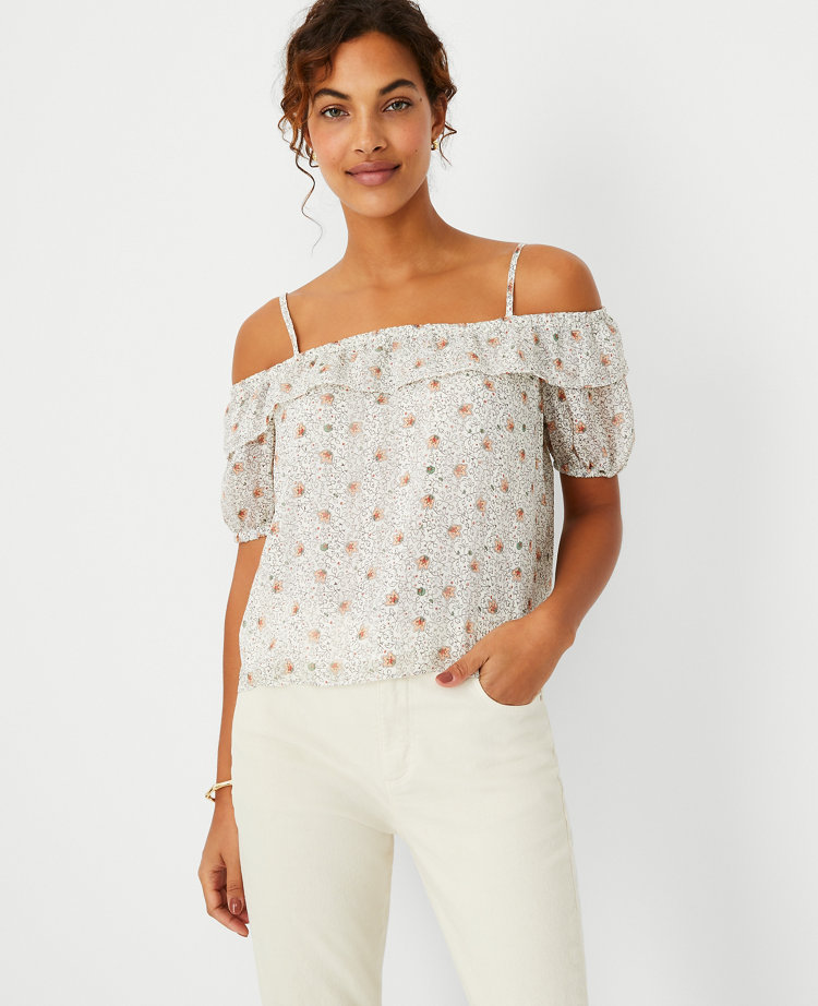 Ann Taylor Paisley Ruffle Cold Shoulder Top