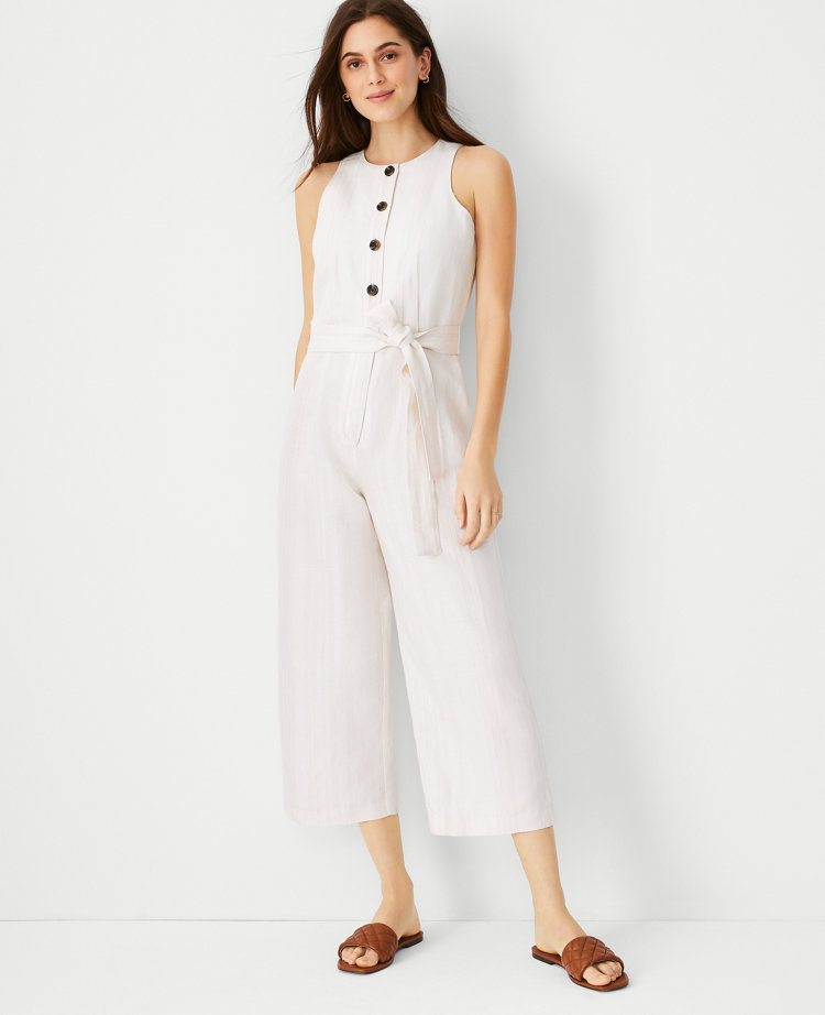 Petite Linen Cotton Sleeveless Belted Jumpsuit