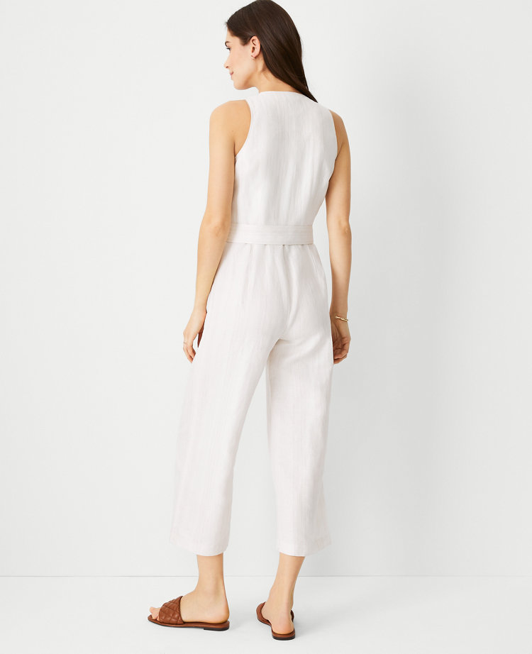 Petite Linen Cotton Sleeveless Belted Jumpsuit