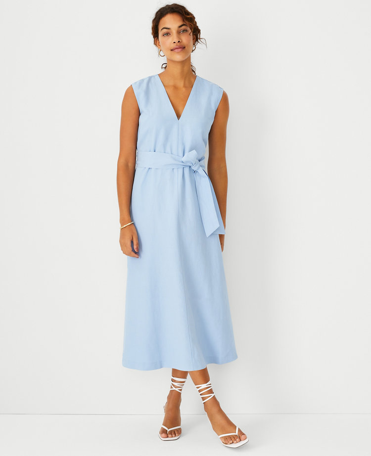 Ann Taylor Petite V-neck Tie Waist Midi Dress In Dresden Blue