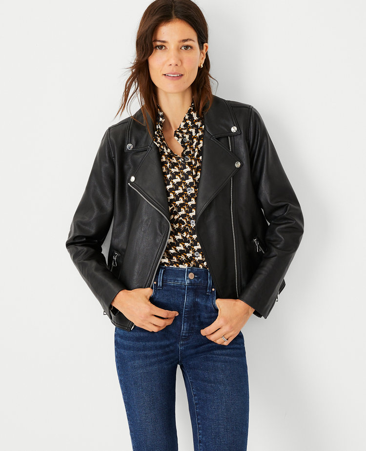 Ann Taylor Chain Pebbled Faux Leather Cropped Jacket Size 00 Black Women's