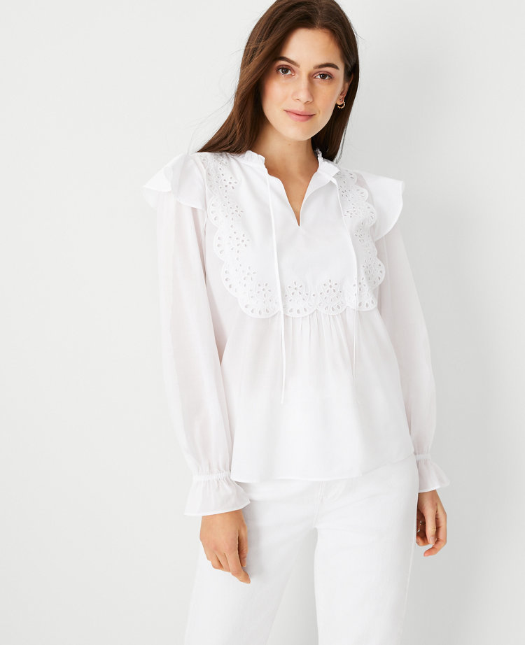 Ann Taylor Petite Mixed Media Eyelet Bib Top