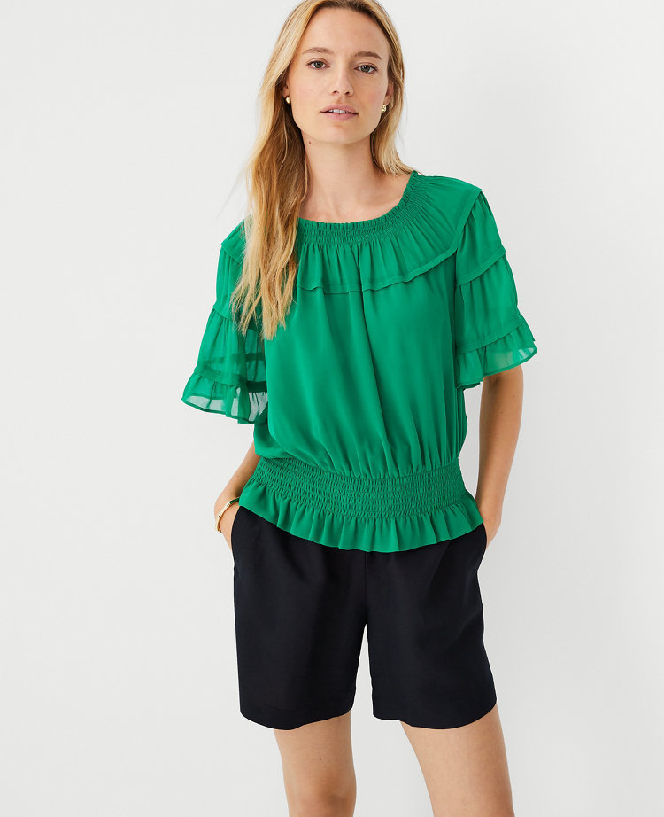 Ann Taylor Petite Smocked Neck Ruffle Top