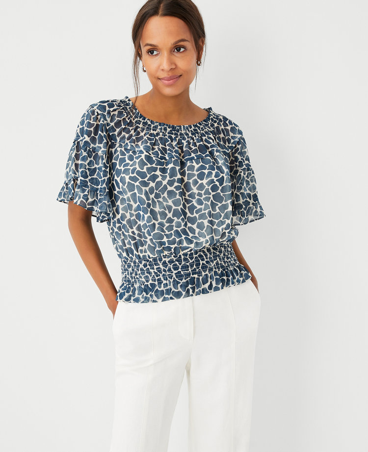Ann Taylor Petite Giraffe Print Smocked Neck Ruffle Top