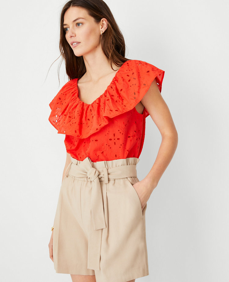 Ann Taylor Petite Eyelet Ruffle Neck Top