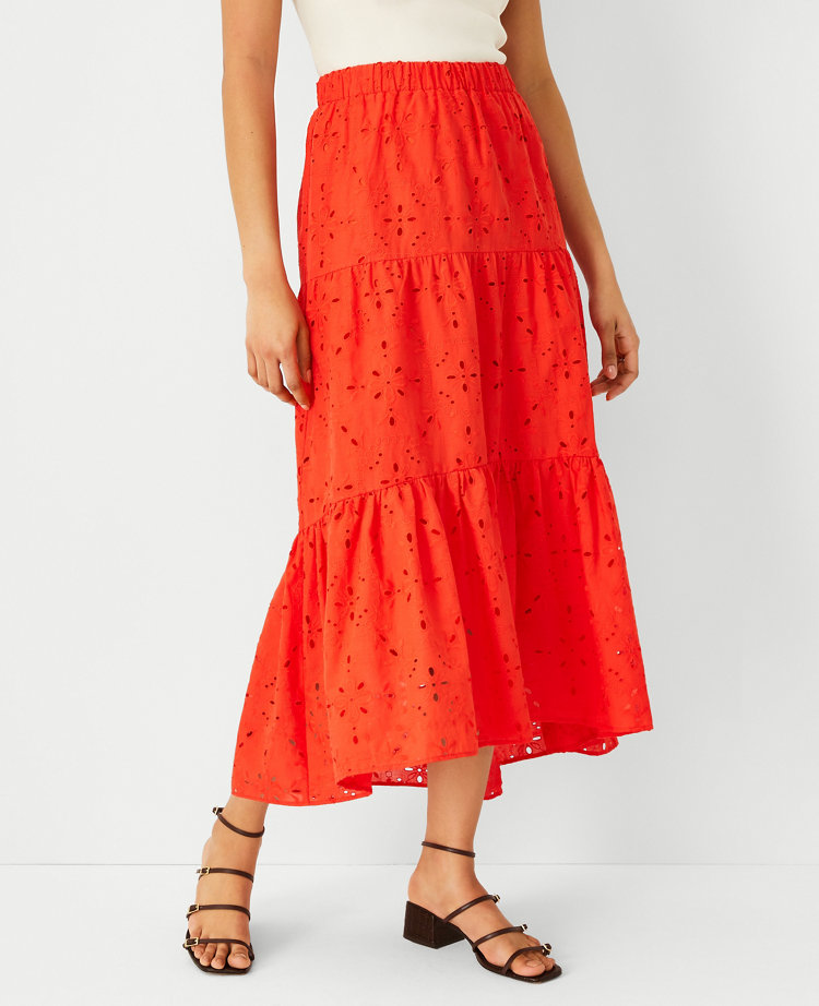 Ann Taylor Petite Eyelet Tiered Full Skirt In Molten Lava