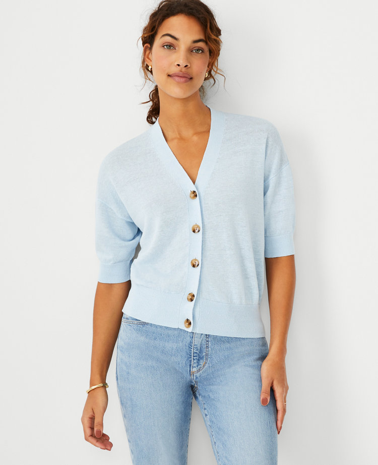 Ann Taylor Petite Linen Blend V-Neck Short Sleeve Cardigan